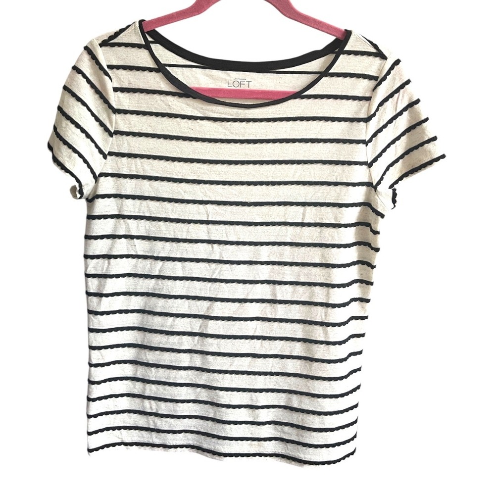Loft‎ Cream Black Short Sleeved Top With Scallop Stripes S